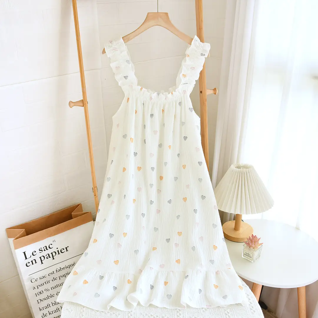 Nightdress Women's Summer Cotton Yarn Pure Cotton Thin Sling Pajamas Loose Mid-length Sweet Cute Long Dress Home Clothes