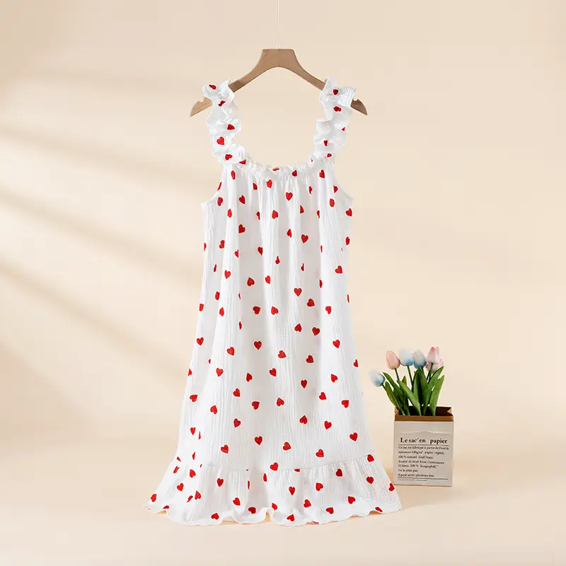 Nightdress Women's Summer Cotton Yarn Pure Cotton Thin Sling Pajamas Loose Mid-length Sweet Cute Long Dress Home Clothes