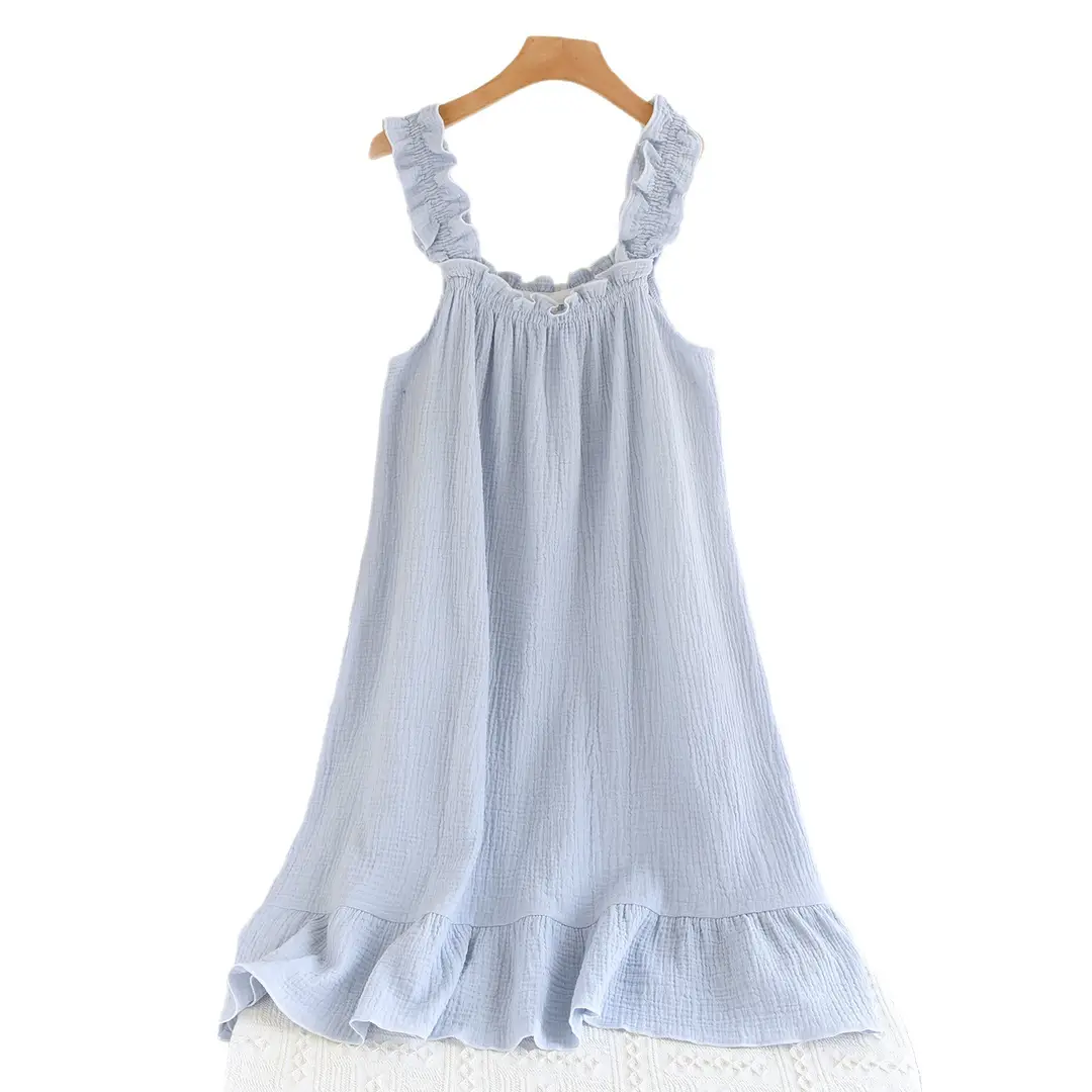 Nightdress Women's Summer Cotton Yarn Pure Cotton Thin Sling Pajamas Loose Mid-length Sweet Cute Long Dress Home Clothes