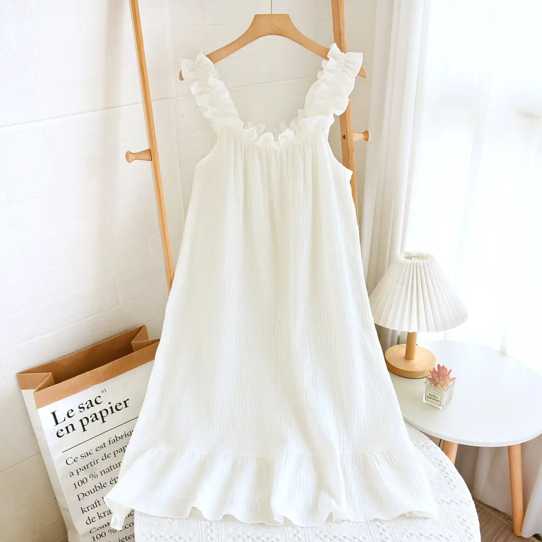 Nightdress Women's Summer Cotton Yarn Pure Cotton Thin Sling Pajamas Loose Mid-length Sweet Cute Long Dress Home Clothes — feature 12