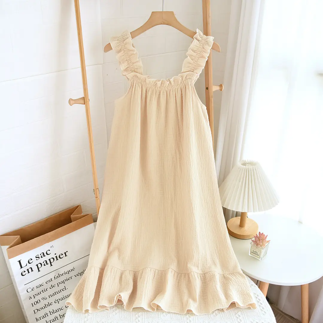 Nightdress Women's Summer Cotton Yarn Pure Cotton Thin Sling Pajamas Loose Mid-length Sweet Cute Long Dress Home Clothes — feature 13