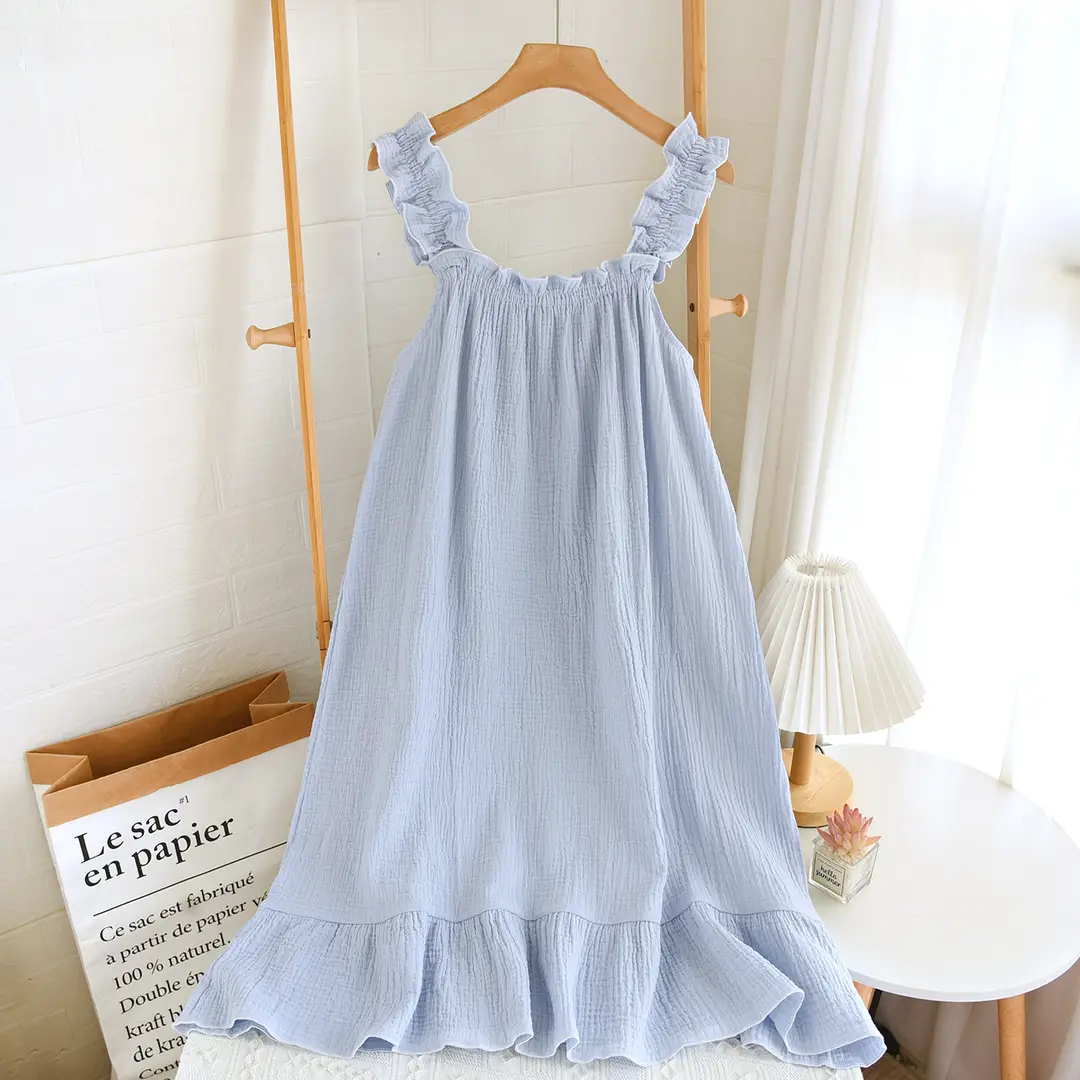 Nightdress Women's Summer Cotton Yarn Pure Cotton Thin Sling Pajamas Loose Mid-length Sweet Cute Long Dress Home Clothes — feature 14