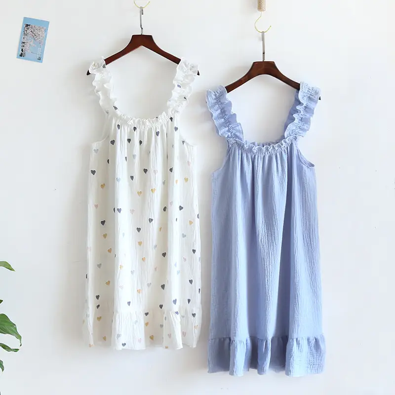 Nightdress Women's Summer Cotton Yarn Pure Cotton Thin Sling Pajamas Loose Mid-length Sweet Cute Long Dress Home Clothes — feature 18
