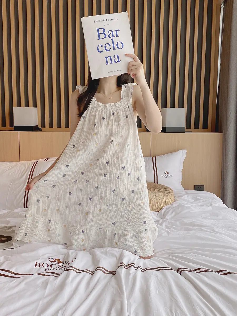 Nightdress Women's Summer Cotton Yarn Pure Cotton Thin Sling Pajamas Loose Mid-length Sweet Cute Long Dress Home Clothes — feature 6