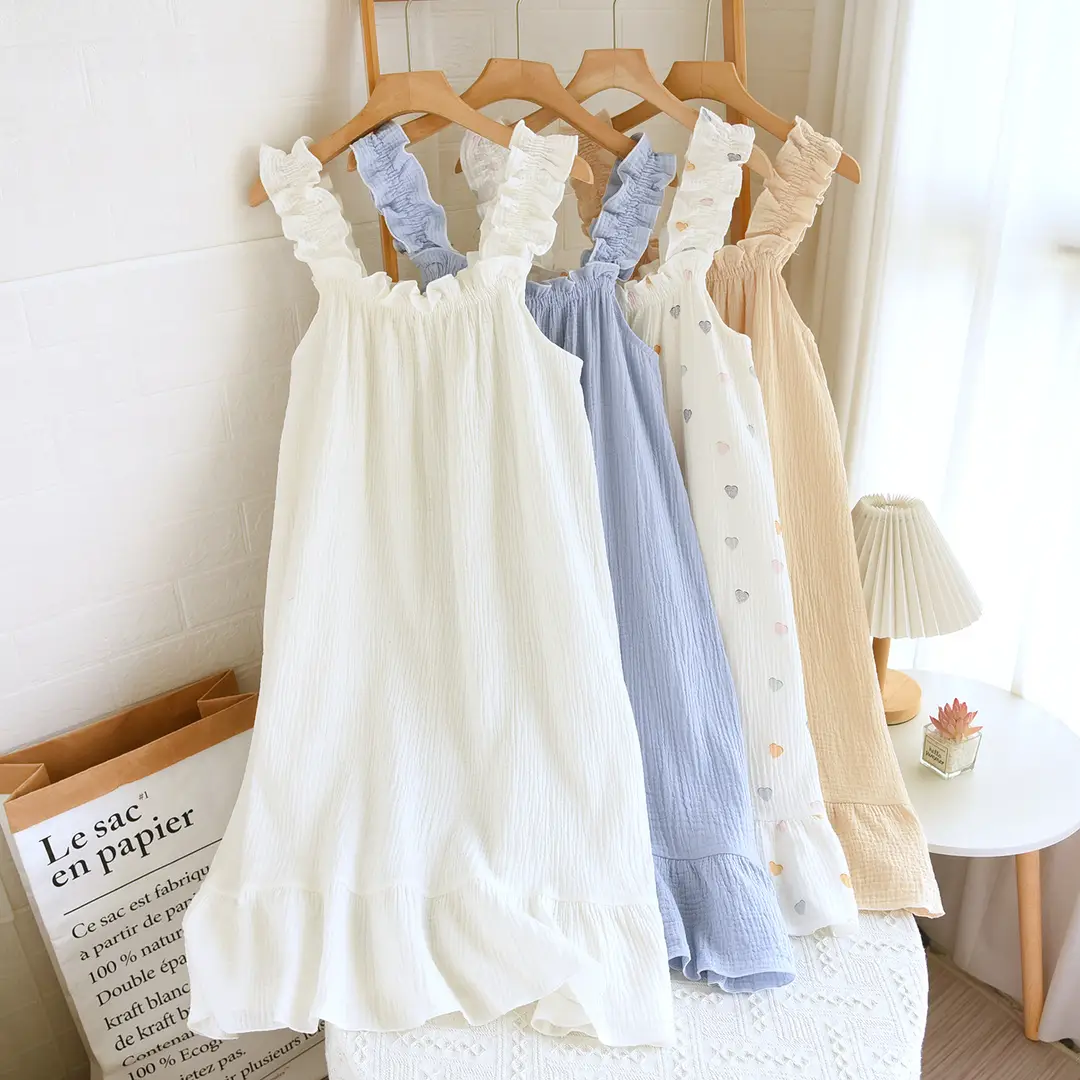 Nightdress Women's Summer Cotton Yarn Pure Cotton Thin Sling Pajamas Loose Mid-length Sweet Cute Long Dress Home Clothes — feature 8