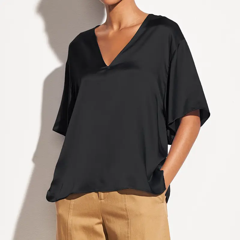 Women V-Neck Ice Silk T-Shirt Navy Blue Loose