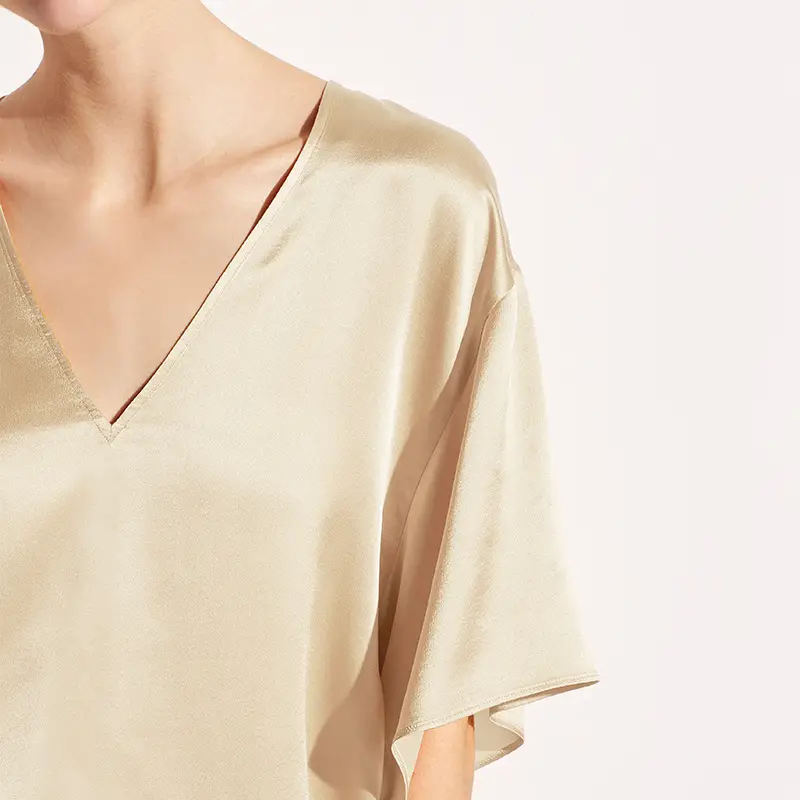 Women V-Neck Ice Silk T-Shirt Navy Blue Loose