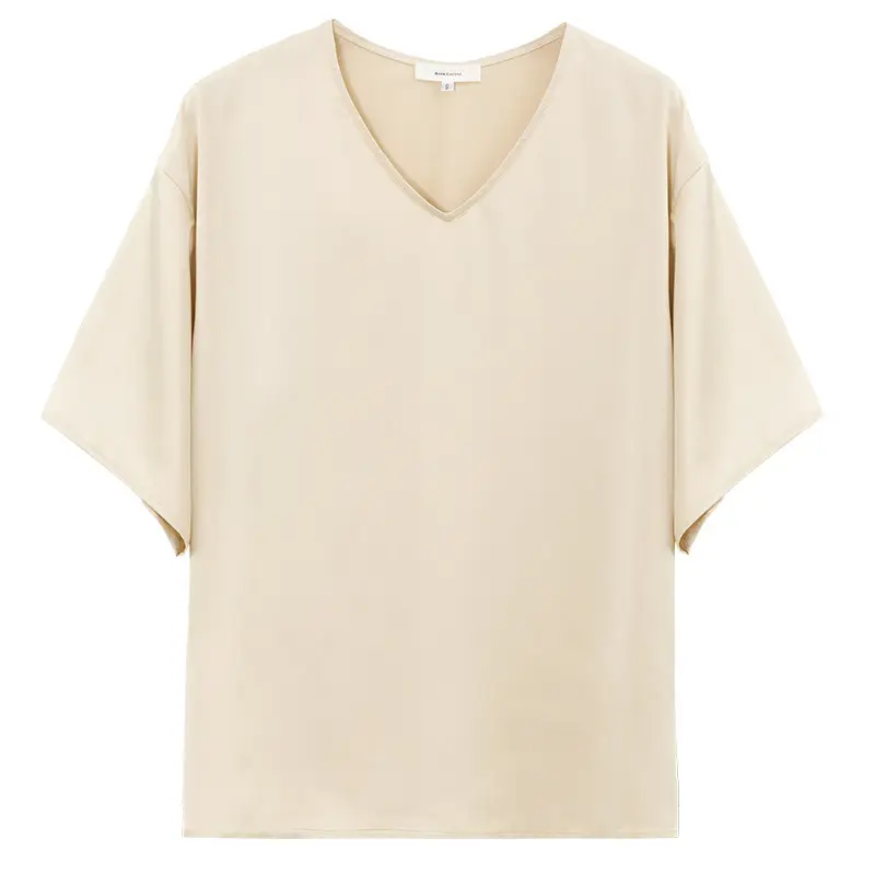 Women V-Neck Ice Silk T-Shirt Navy Blue Loose