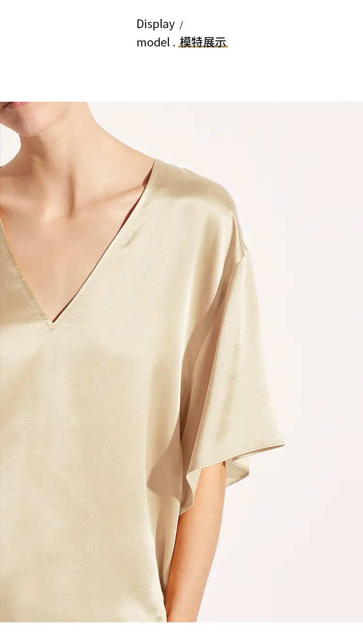 Women V-Neck Ice Silk T-Shirt Navy Blue Loose — feature 4