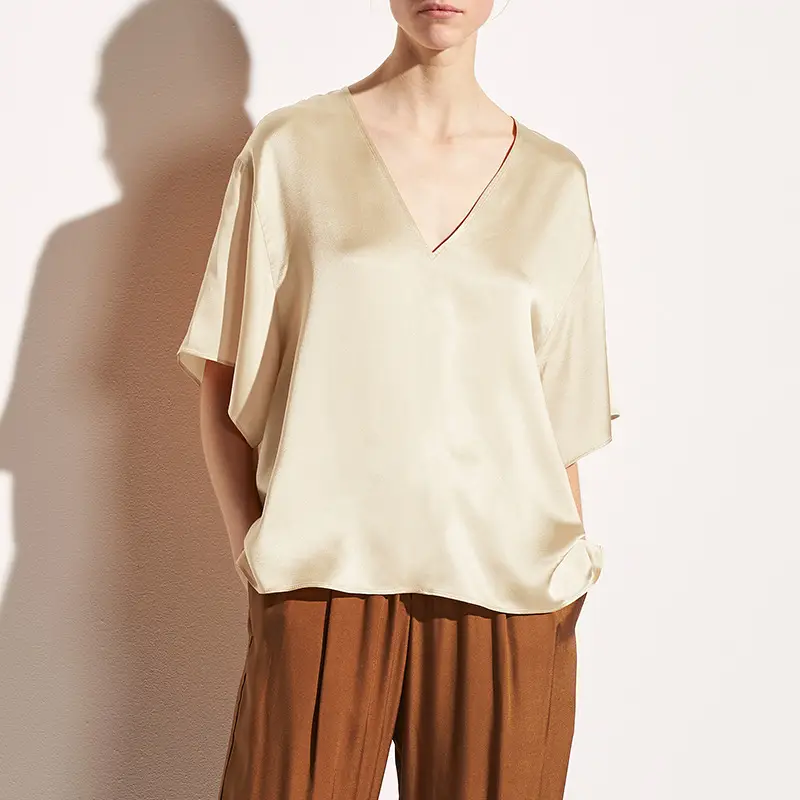 Women V-Neck Ice Silk T-Shirt Navy Blue Loose