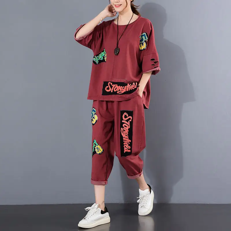 2026 Ripped Patch Print Casual Two-Piece Suit Women Large - Image 4