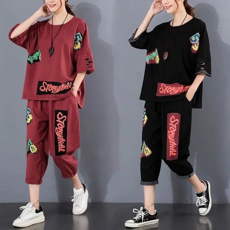 2026 Ripped Patch Print Casual Two-Piece Suit Women Large - Image 6