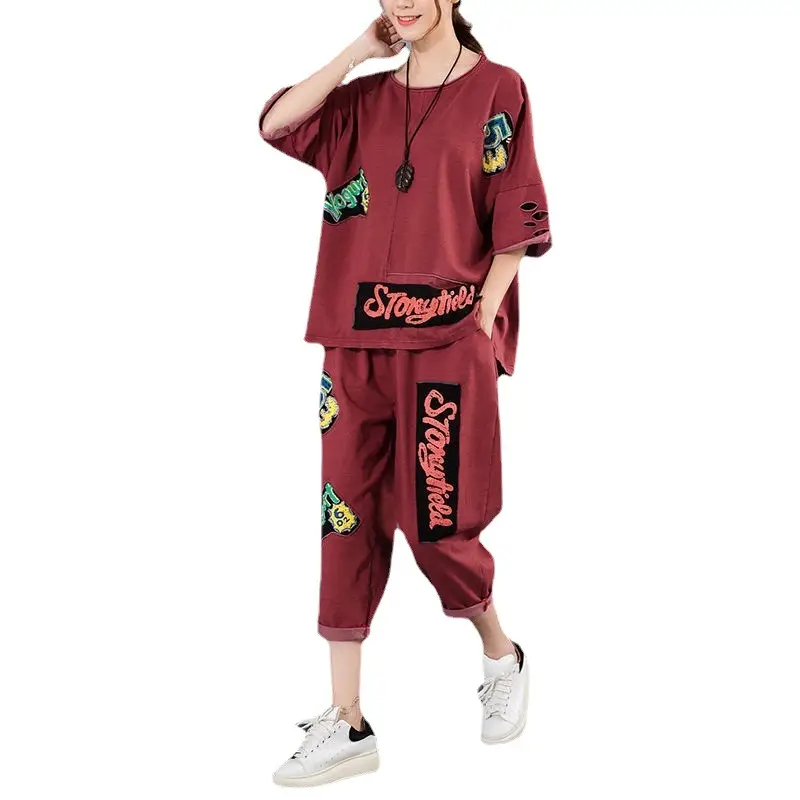 2026 Ripped Patch Print Casual Two-Piece Suit Women Large - Image 7