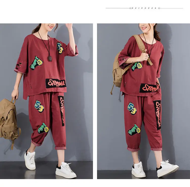 2026 Ripped Patch Print Casual Two-Piece Suit Women Large — feature 8