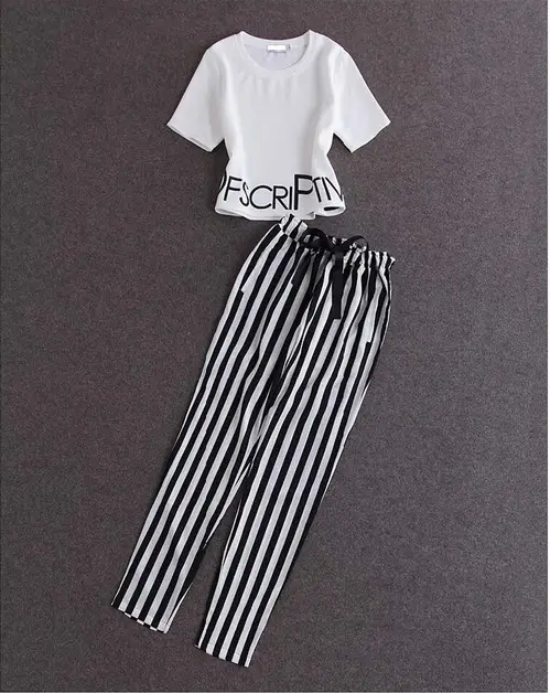 Women 2-Piece Striped T-Shirt & Pants Set White Black — feature 11