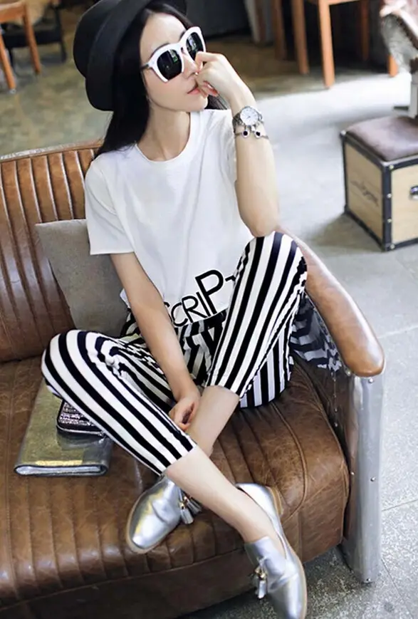 Women 2-Piece Striped T-Shirt & Pants Set White Black — feature 2