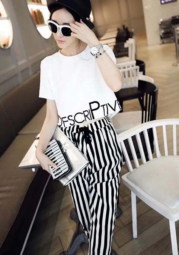 Women 2-Piece Striped T-Shirt & Pants Set White Black — feature 7