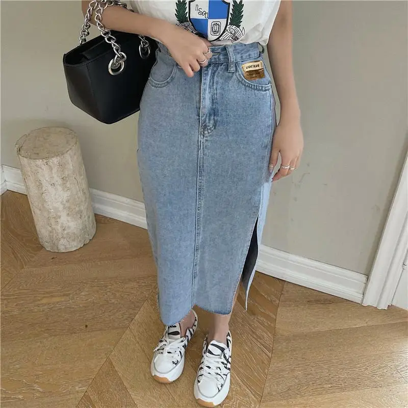 Black Side Slit Denim Midi Skirt Women 2021 - Image 4