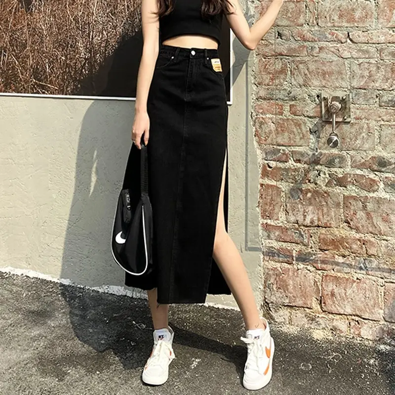 Black Side Slit Denim Midi Skirt Women 2021 - Image 5