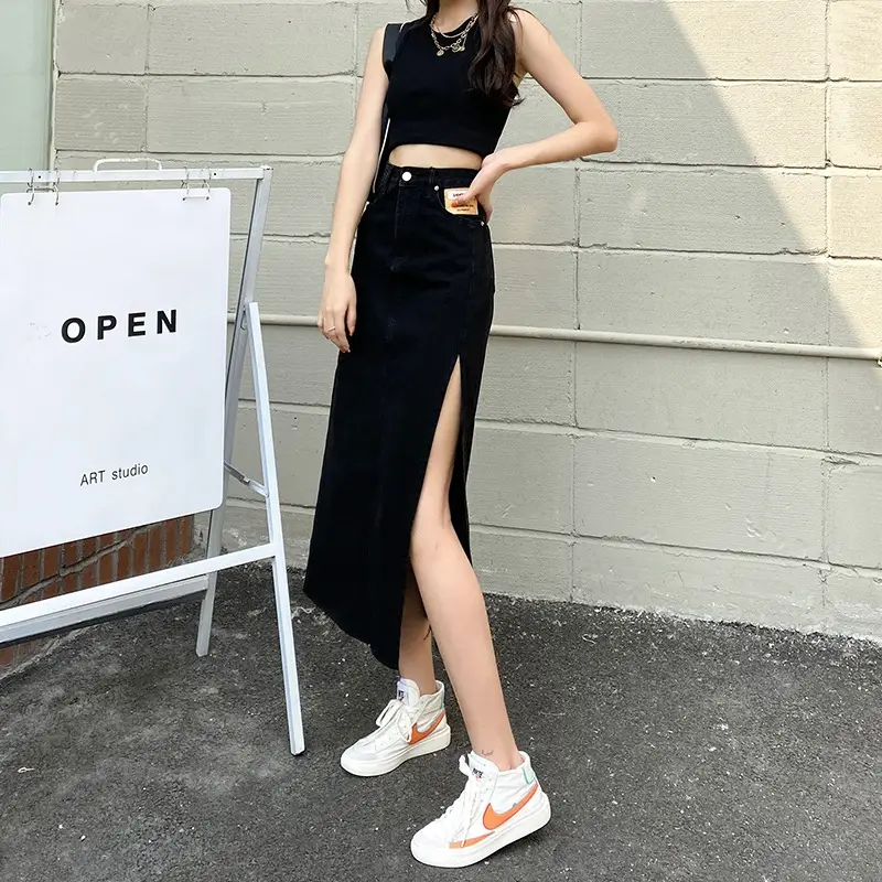 Black Side Slit Denim Midi Skirt Women 2021 - Image 6