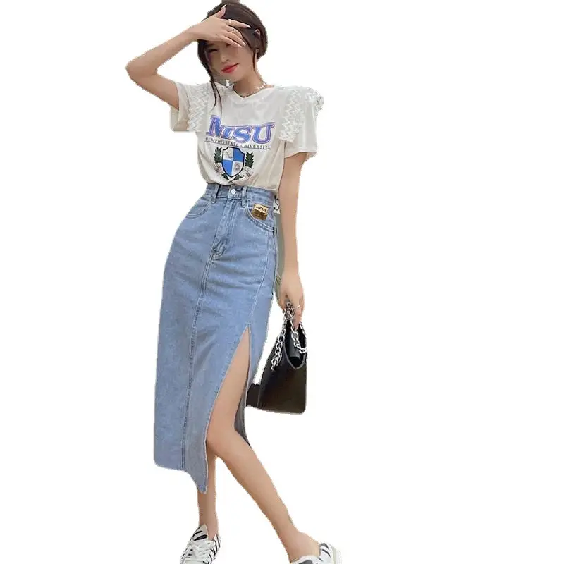 Black Side Slit Denim Midi Skirt Women 2021 - Image 7