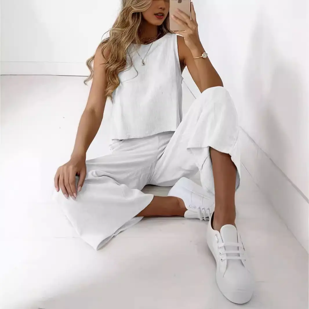 2021 White Sleeveless Top & Wide Leg Pants Set - Image 7