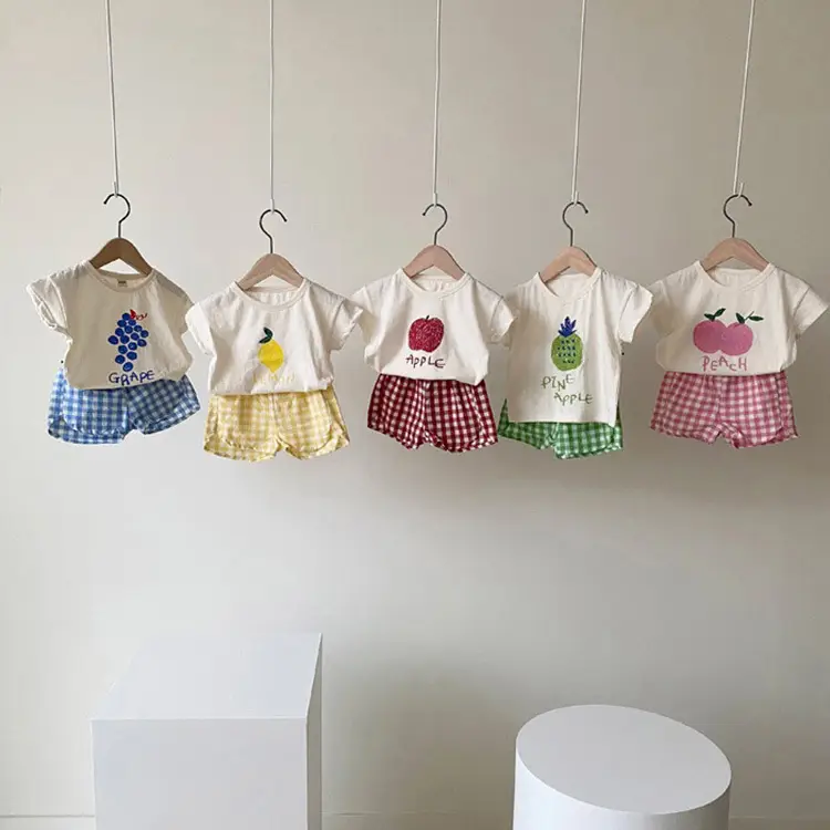 2026 Korean Kids Shorts Set Fruit Print Green Checkered - Image 7