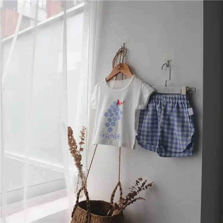 2026 Korean Kids Shorts Set Fruit Print Green Checkered — feature 10