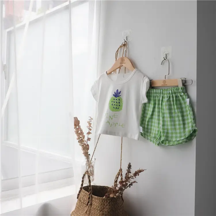2026 Korean Kids Shorts Set Fruit Print Green Checkered — feature 12