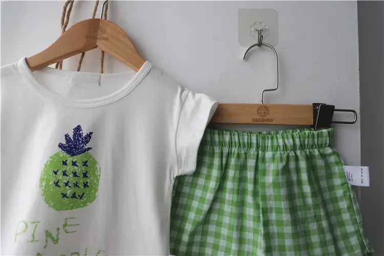 2026 Korean Kids Shorts Set Fruit Print Green Checkered — feature 13