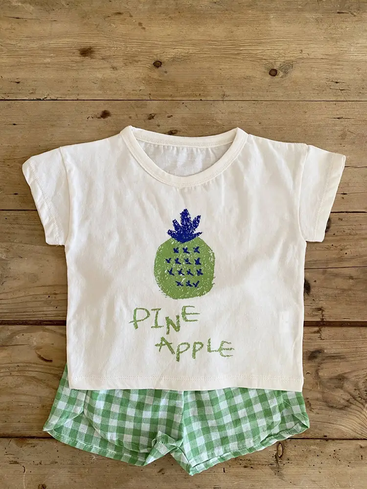 2026 Korean Kids Shorts Set Fruit Print Green Checkered — feature 19