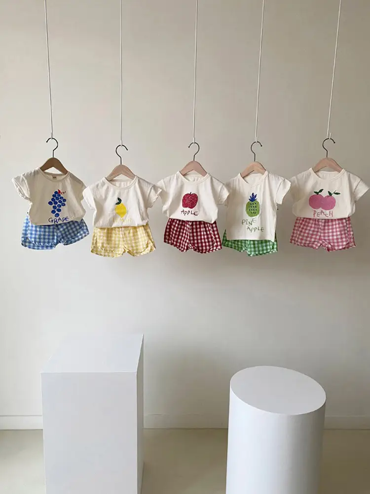 2026 Korean Kids Shorts Set Fruit Print Green Checkered — feature 24