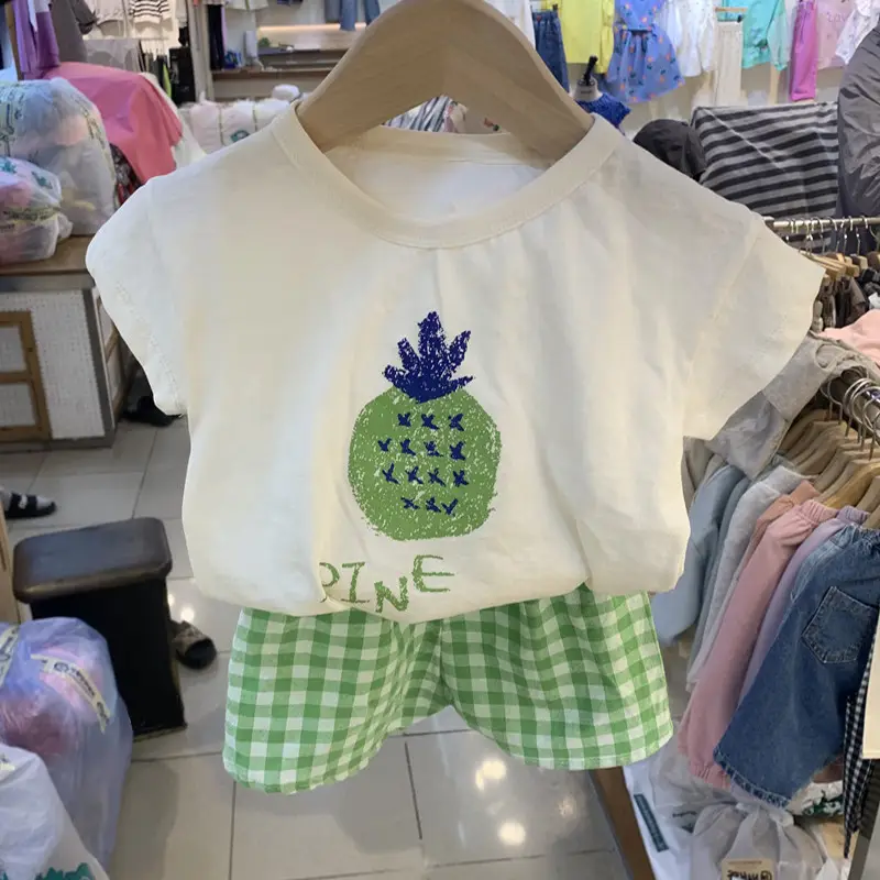 2026 Korean Kids Shorts Set Fruit Print Green Checkered — feature 27