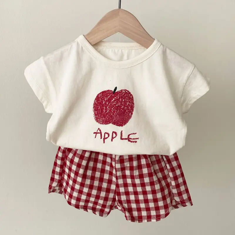 2026 Korean Kids Shorts Set Fruit Print Green Checkered — feature 30