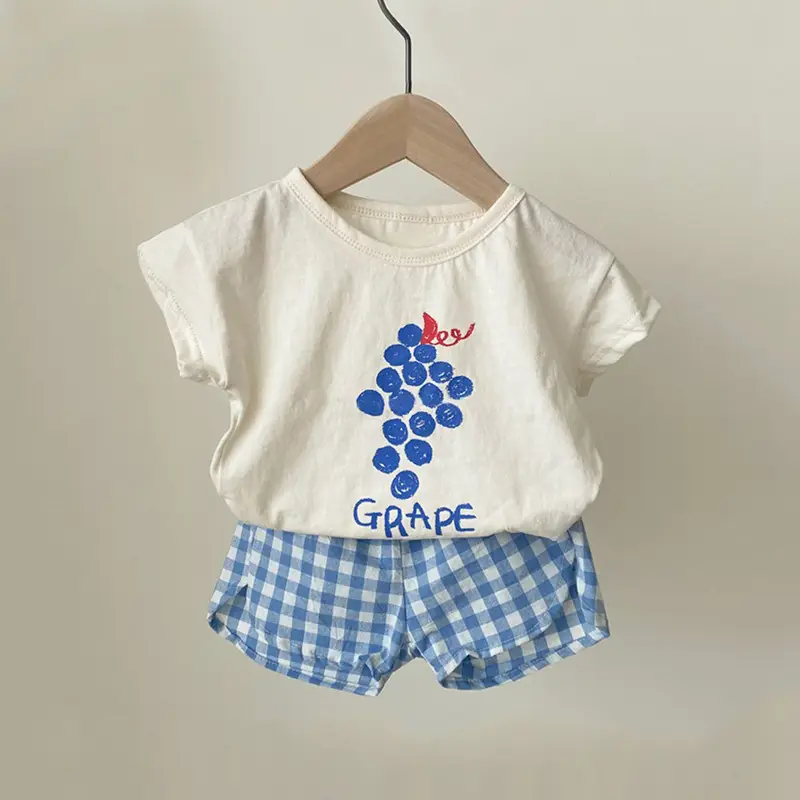 2026 Korean Kids Shorts Set Fruit Print Green Checkered — feature 32