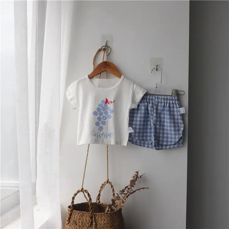 2026 Korean Kids Shorts Set Fruit Print Green Checkered - Image 2