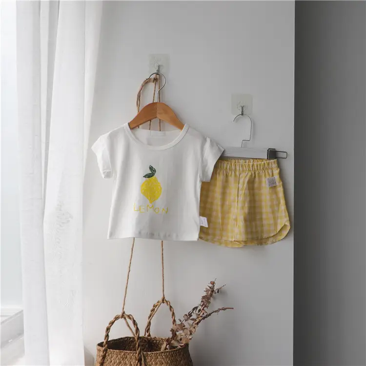 2026 Korean Kids Shorts Set Fruit Print Green Checkered - Image 3