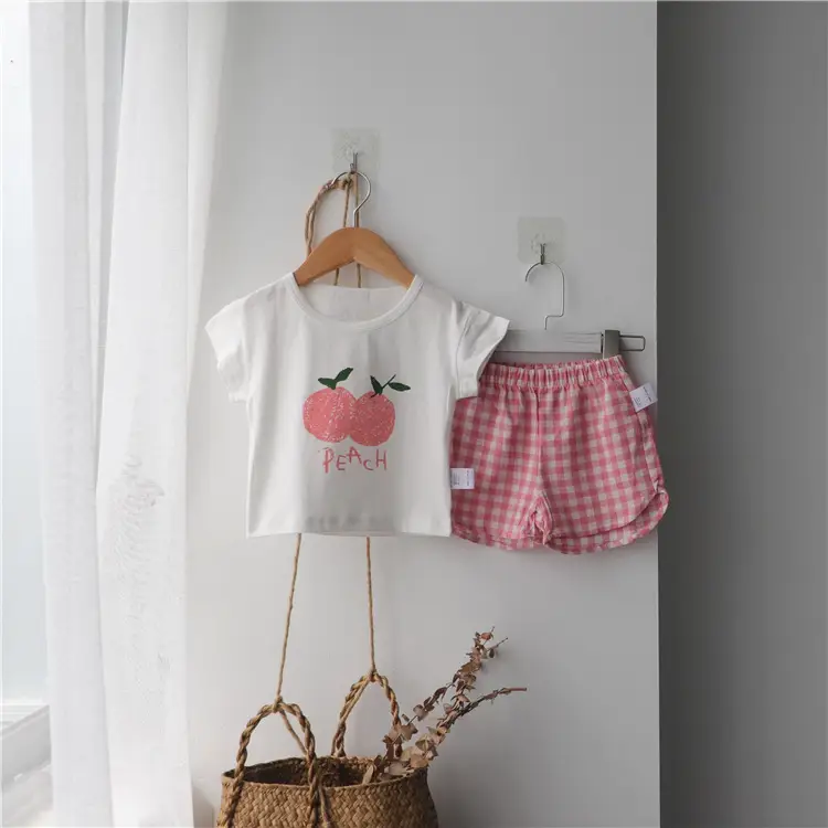 2026 Korean Kids Shorts Set Fruit Print Green Checkered - Image 4