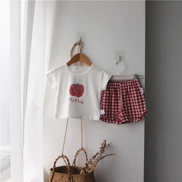 2026 Korean Kids Shorts Set Fruit Print Green Checkered - Image 5