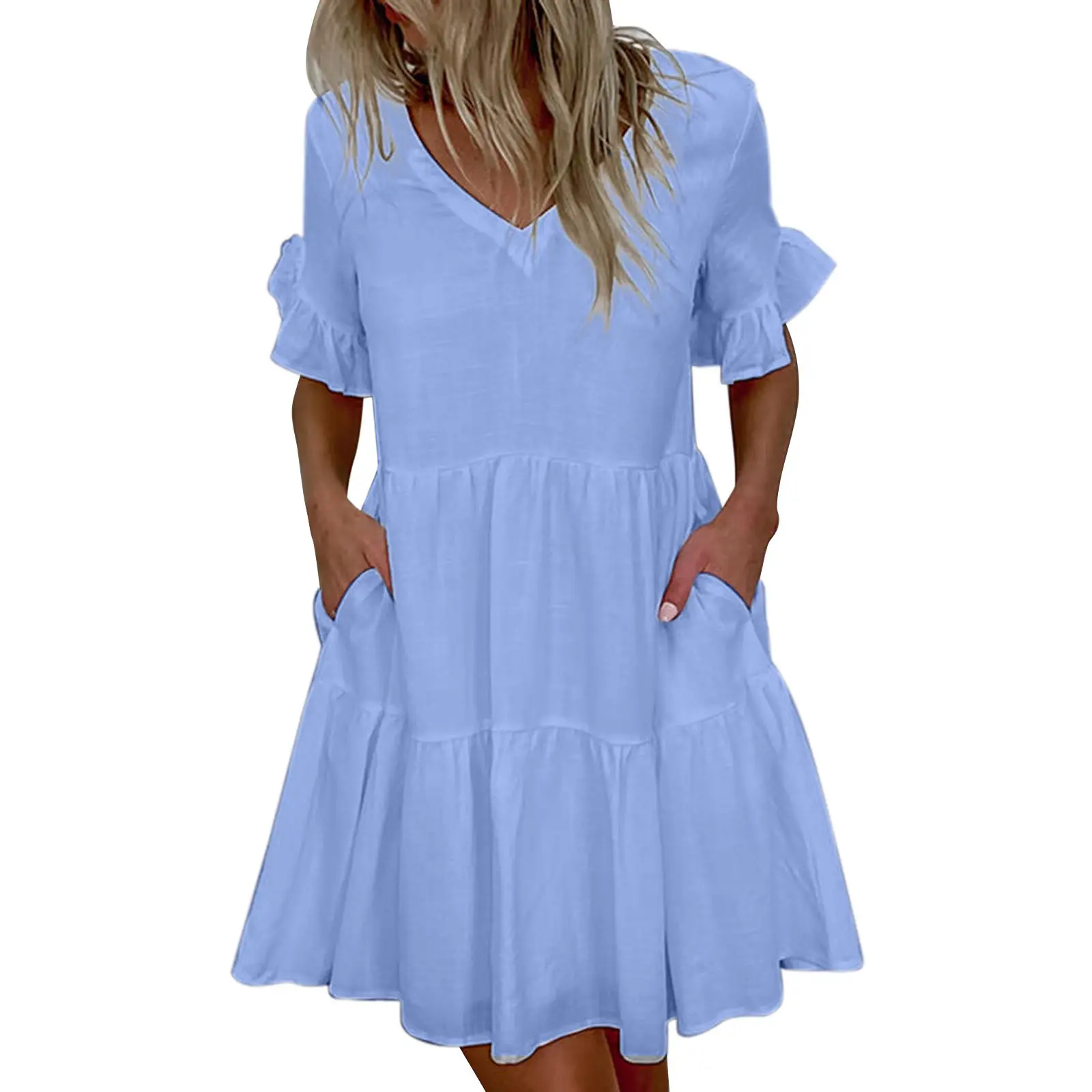Light Blue Princess Dress with Ruffles & Pocket - Image 6