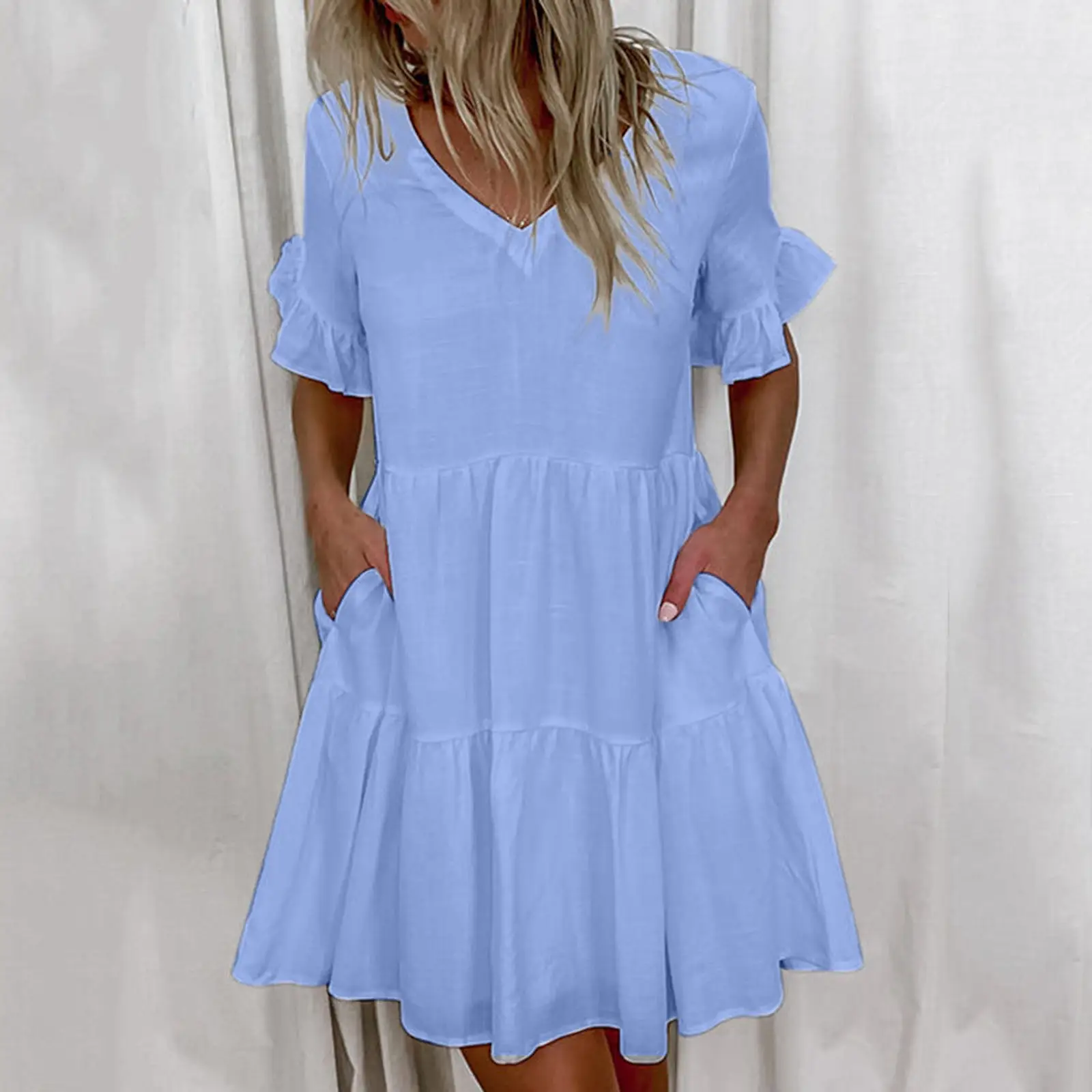 Light Blue Princess Dress with Ruffles & Pocket - Image 3