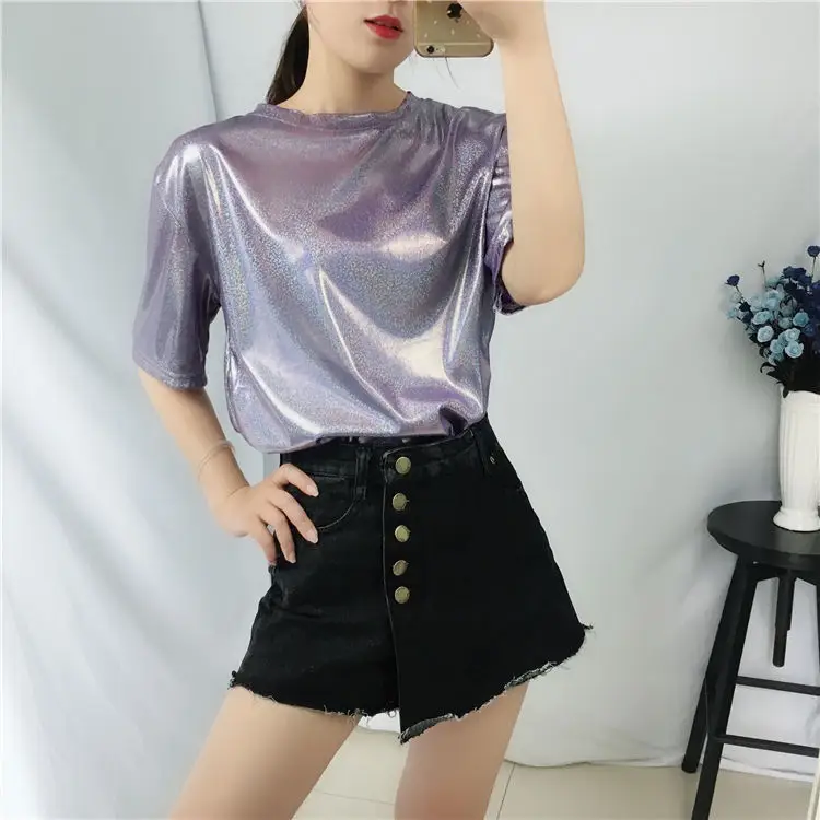 Women's Blue Glitter Square Collar T-Shirt Mid Length Loose Large - Image 20