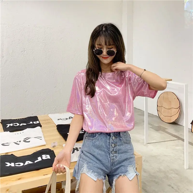 Women's Blue Glitter Square Collar T-Shirt Mid Length Loose Large - Image 23