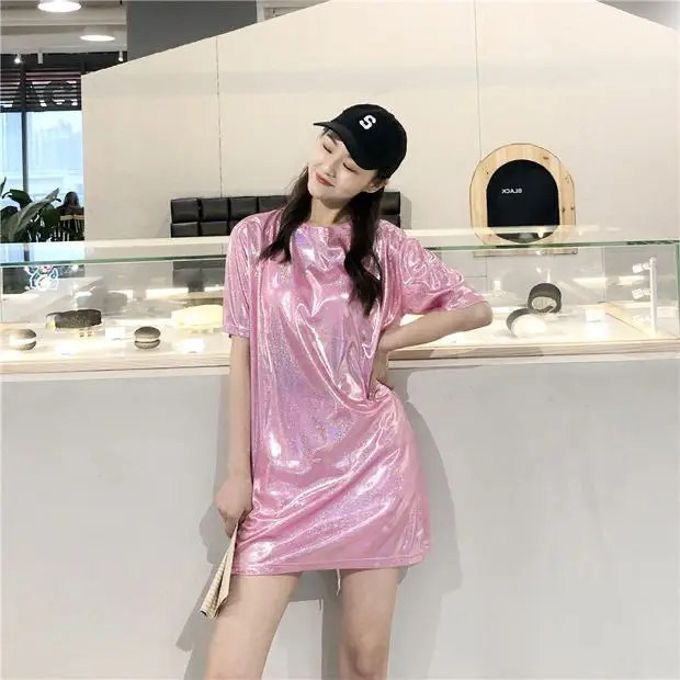 Women's Blue Glitter Square Collar T-Shirt Mid Length Loose Large - Image 10
