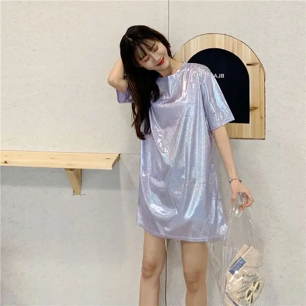 Women's Blue Glitter Square Collar T-Shirt Mid Length Loose Large - Image 11