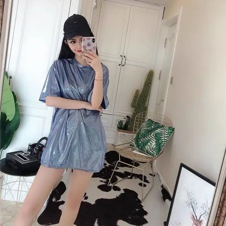 Women's Blue Glitter Square Collar T-Shirt Mid Length Loose Large - Image 12
