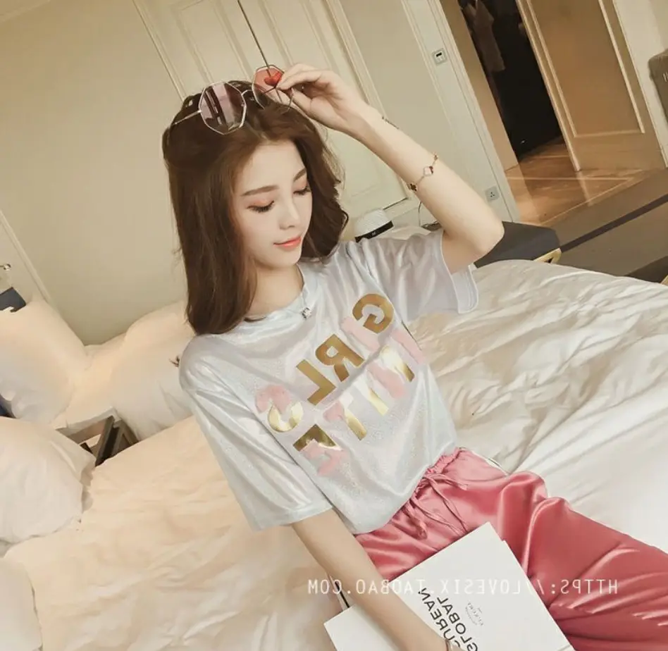 Women's Blue Glitter Square Collar T-Shirt Mid Length Loose Large - Image 16