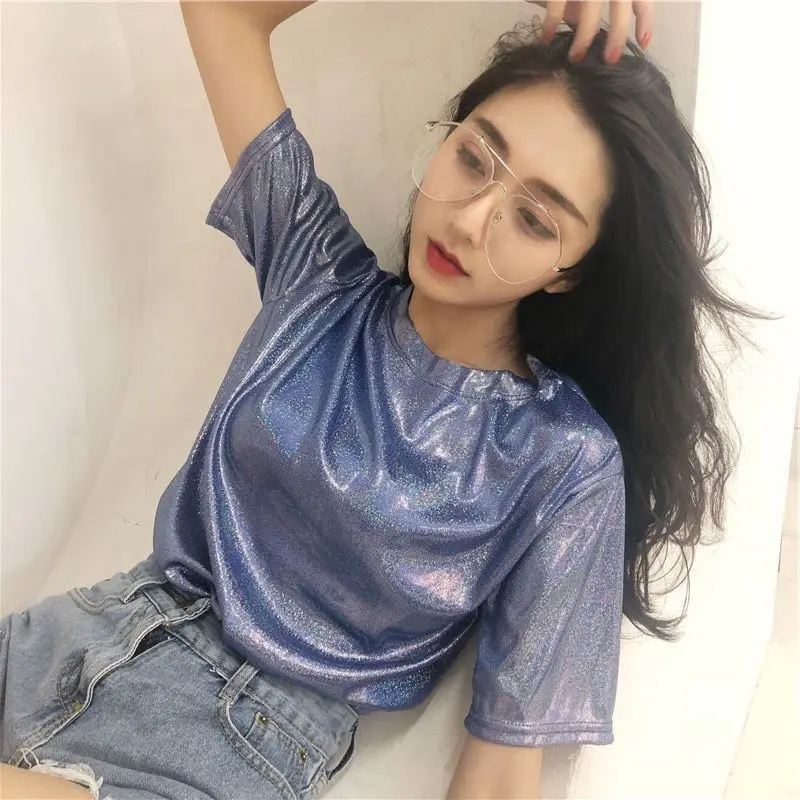Women's Blue Glitter Square Collar T-Shirt Mid Length Loose Large - Image 2