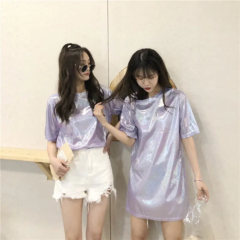 Women's Blue Glitter Square Collar T-Shirt Mid Length Loose Large - Image 3