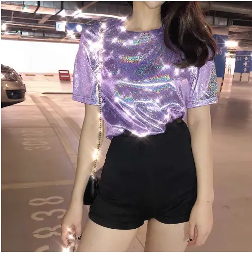 Women's Blue Glitter Square Collar T-Shirt Mid Length Loose Large - Image 5